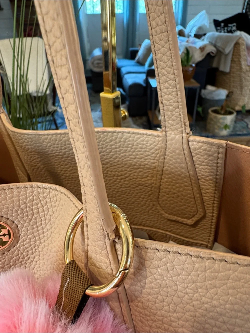 Tory Burch Pebbled Leather Tote with Pink Fur Charm